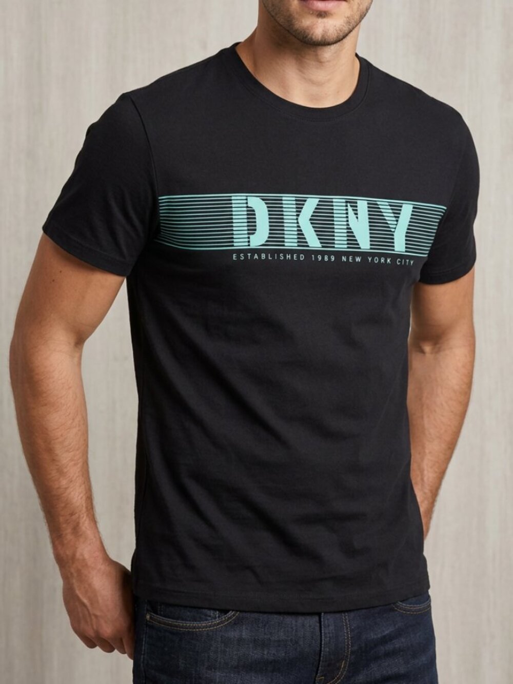 🔥 MEN'S DKNY BLACK TEE WITH TURQUOISE LOGO Large (L)